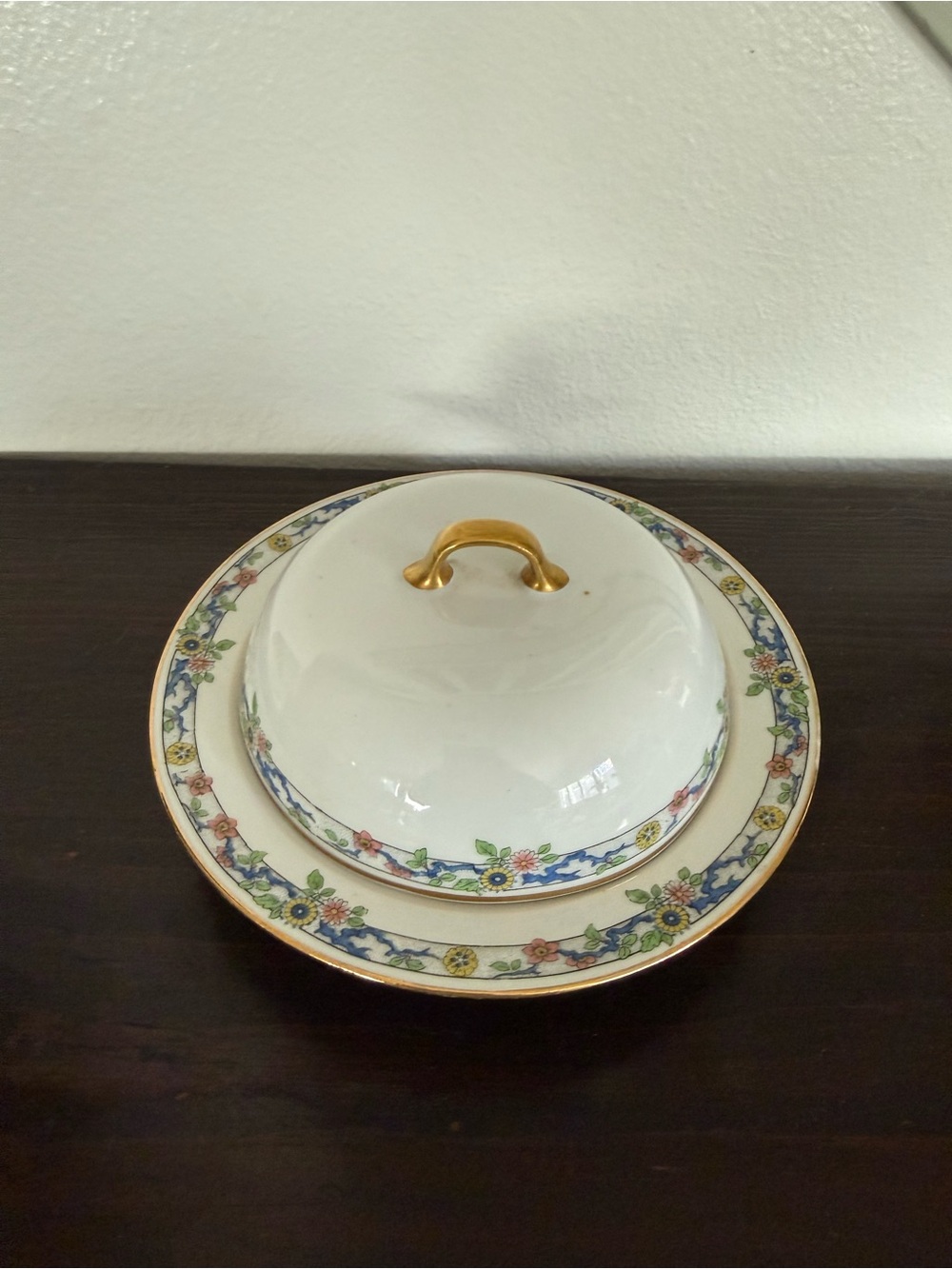 Porcelain Covered Butter Dish with Floral Border and Gold Handle